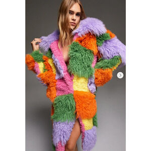 NWT NASTY GAL PREMIUM REAL SHEARLING FUR PATCHWORK COAT SZ 2